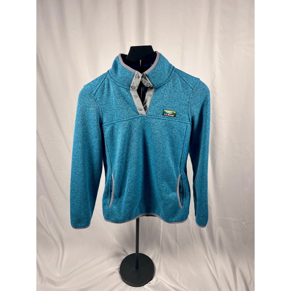 L.L.Bean Sweater Fleece Pullover Small Petite Teal Blue Snap Mock Neck Comfy